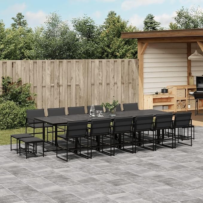 17 Piece Patio Dining Set with Cushions Black Textilene Outdoor Furniture Table Chairs Stools Tempered Glass UV Resistant Fade Proof Foldable Storage Space Saving