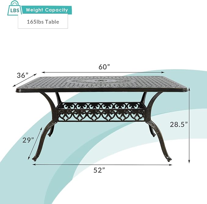 MEETWARM Outdoor 60" Rectangular Patio Dining Table, All Weather Cast Aluminum Large Patio Furniture Table Fits for 6-8 Person with 2" Umbrella Hole, Dark Bronze