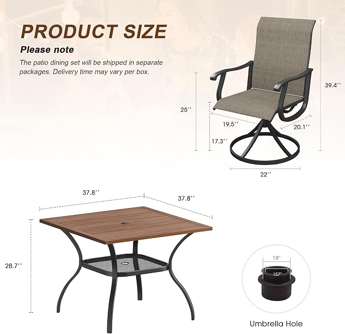 VICLLAX Patio 5 Pieces Outdoor Dining Set for 4, 38" Square Metal Dining Table with Umbrella Hole and 4 Swivel Textilene Chairs for Lawn,Garden,Porch,Walnut/Brown