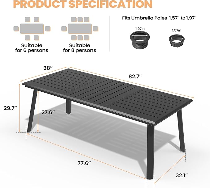 Pellebant Aluminum Outdoor Patio Dining Table for 6-8, Weather-Resistant Sturdy Frame and 83" Rectangle Top with Umbrella Hole for Deck, Porch, Backyard