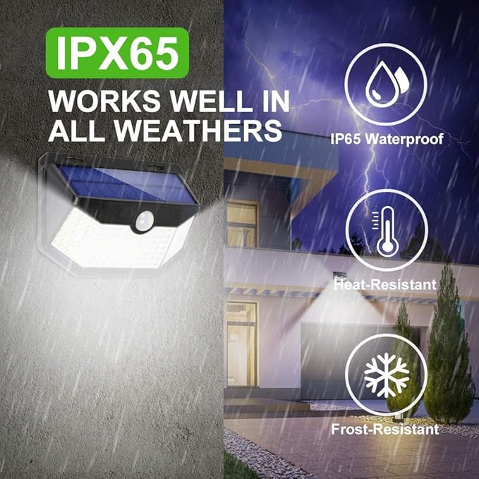 HMCITY Solar Lights Outdoor 120 LED with 3 Lighting Modes, Motion Sensor Wall Lights,IP65 Waterproof Solar Powered for Garden Patio Yard (Back Button 2Packs, Black Shell-Daylight White)