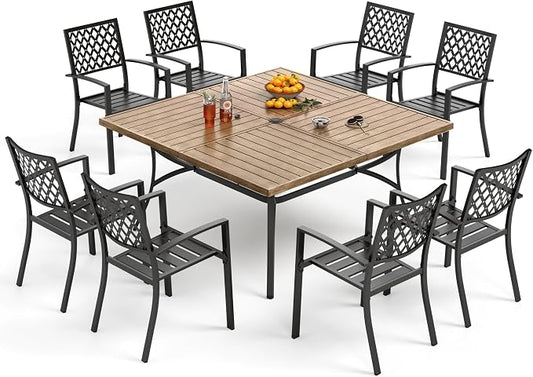 PHI VILLA 9 Pcs Outdoor Dining Set& 57.5" Wood-Like Table | Square Metal Table w/ Umbrella Hole &Wrought Iron Chairs, Large Outside Furniture Set for Patio, Deck, Yard, Porch