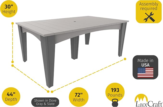 LuxCraft Poly Island Dining Table, 44" x 72" Rectangular Outdoor Patio Table, Made with Recycled Plastics, Made in USA (Dove Gray & Black)