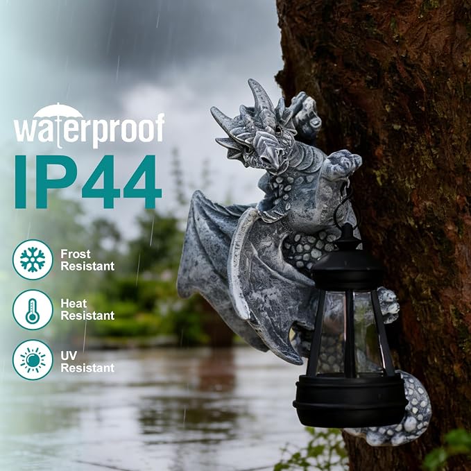 Goodeco Dragon Tree Hugger Solar Lantern Garden Statue - 2 Pack 9.3 Inch Resin Dragon Decor for Outdoor, Perfect Garden Gift & Yard Decor (Grey, 2-Pack)