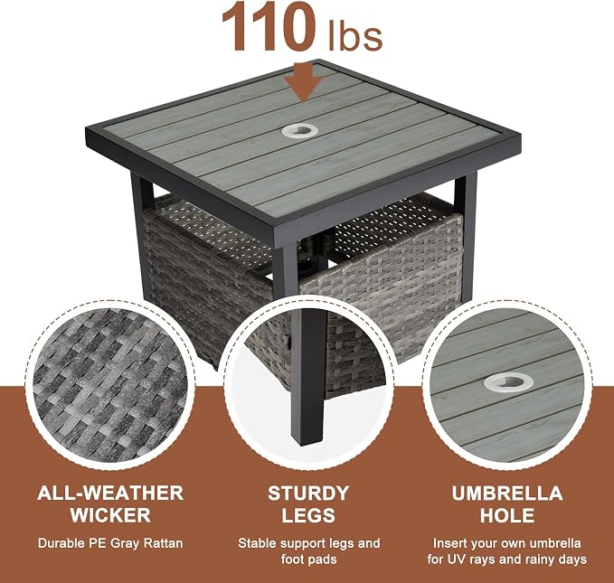 Outdoor Patio Umbrella Stand Table, All Weather Small Wicker Side Table with Umbrella Hole, 22 in Rattan Base Table (Grey)