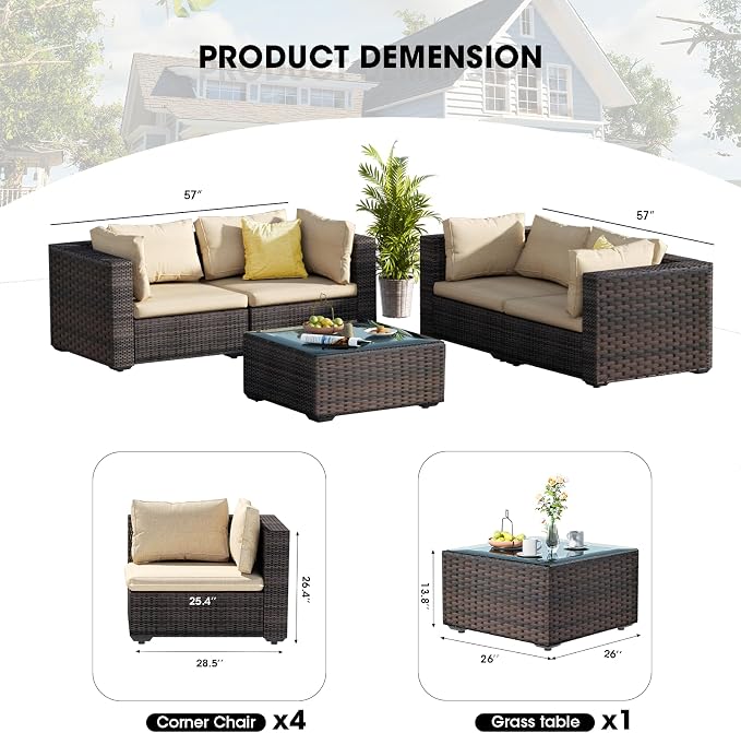 Patio Furniture Set 5 Piece All Weather PE Rattan Outdoor Sectional Sofa Couch with 4 x arm Sofa, No-Slip Cushions and Glass Top Table for Garden, Poolside, Backyard (Beige)