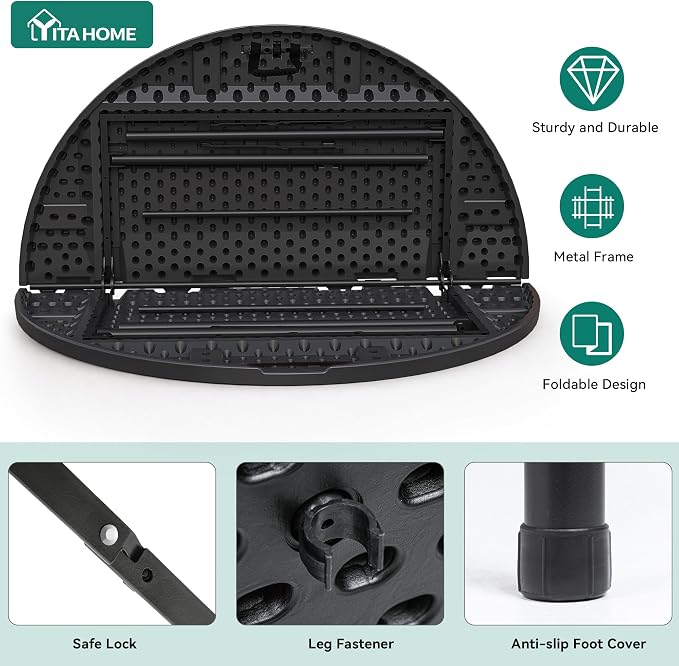 YITAHOME Heavy Duty Folding Table 48", Black Round Plastic Outdoor Table, Portable Round Foldable Table for Patio Banquet Camping Picnic Party Dining