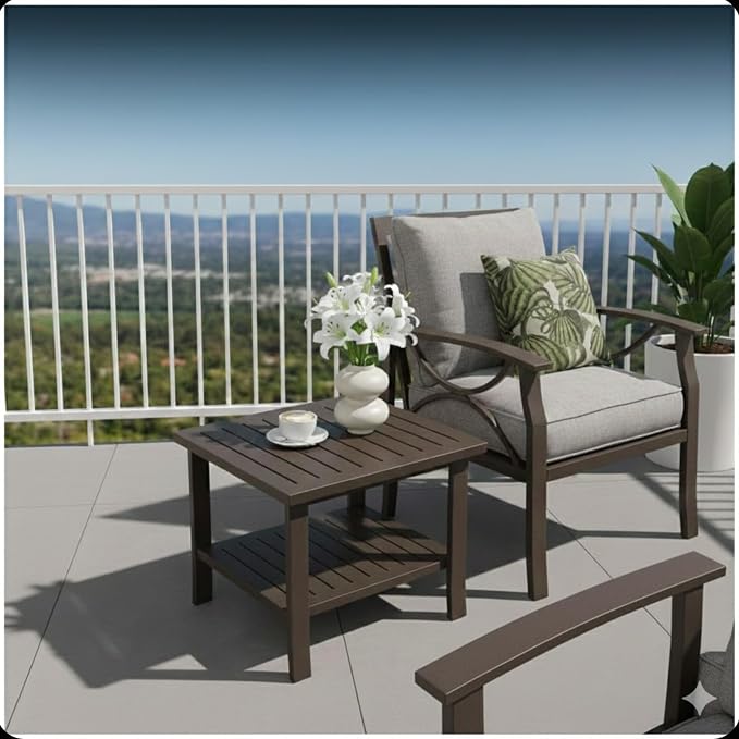 Penau 19 Inchs Square Metal Outdoor Side Table, 2 Tier Powder Coated Steel End Table, Slatted Top for Quick Drainage, Compact Patio Accent Table 19 x 19 x 18 Inchs, Brown