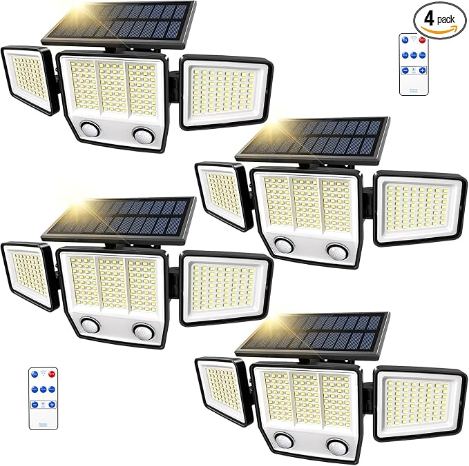 MDCMDCM Solar Motion Sensor Outdoor Lights Waterproof - 3000LM 3 Modes Security Lights Outdoor 270° Illumination IP65 LED Solar Flood Wall Light for Garden Yard Patio Pathway (with ‎Remote Control,4)