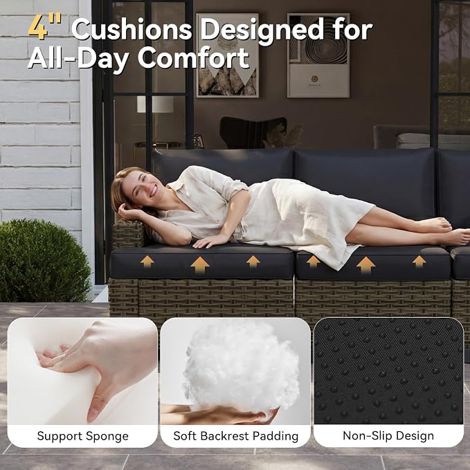 LET'S PATIO Luxury Patio Furniture Set，8 Piece Outdoor Furniture Sectional Set with Swivel Rocker Chairs of 2，All-Weather Patio Sectional Sofas with Thickened Cushions, Black