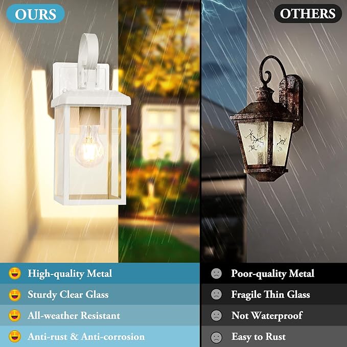 BesLowe 2-Pack Outdoor Wall Light Fixtures, Modern Porch Sconces, White | Waterproof, Rust-Resistant, Durable Metal with Clear Glass, Standard E26 Socket, Easy to Install
