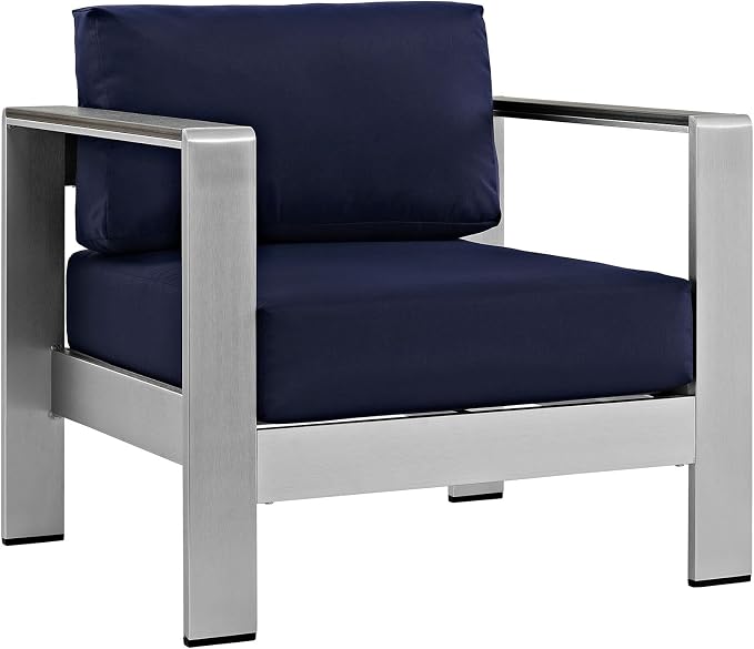 Modway Shore 3-Piece Aluminum Outdoor Patio Furniture Set in Silver Navy