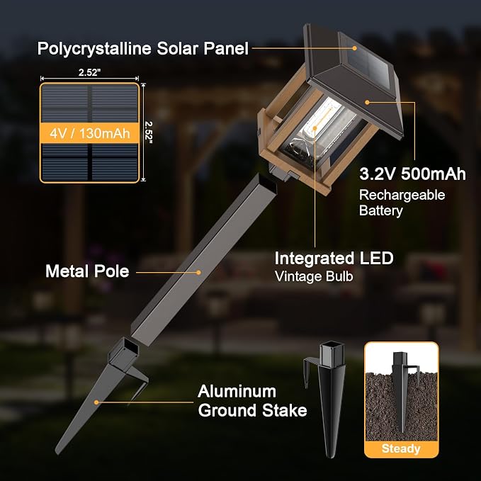XMCOSY+ 4-Pack Solar Pathway Lights Outdoor, 25 Lumens Solar Garden Lights | IP65 Waterproof Seeded Glass & Metal Stakes, 2-Tone Vintage Edison LED Landscape Lighting for Yard, Patio, Walkway & Driveway