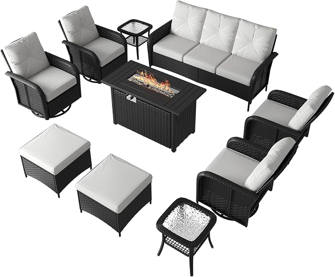 LazySunsets 12 Piece Outdoor Patio Furniture Set with 44'' Fire Pit Table, Wicker Rattan Outdoor Furniture with High Back Swivel Rocker Chairs, Outdoor Sofa Set with Thick Cushions & Ottoman, Beige