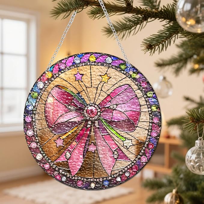 Acrylic Suncatcher Window Hanging, Pink Bow Sun Catcher Rainbow Indoor Window Decoration for Living Room Bedroom, Unique Gift for Mom Wife & Friends, 7.87 inches