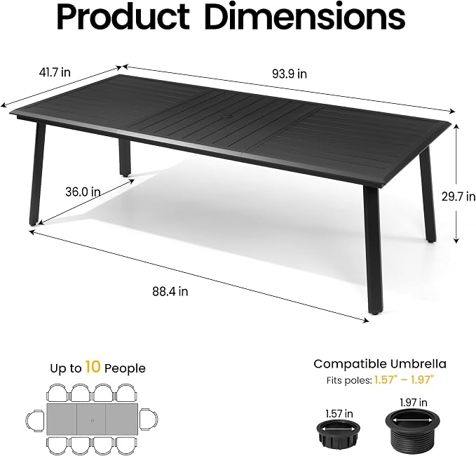 94" Outdoor Dining Table for 10 Black Aluminum Long Patio Table | 1.57-1.97" Adjuatable Umbrella Hole All Weather Rectangle Table for Lawn Backyard Garden Poolside Park