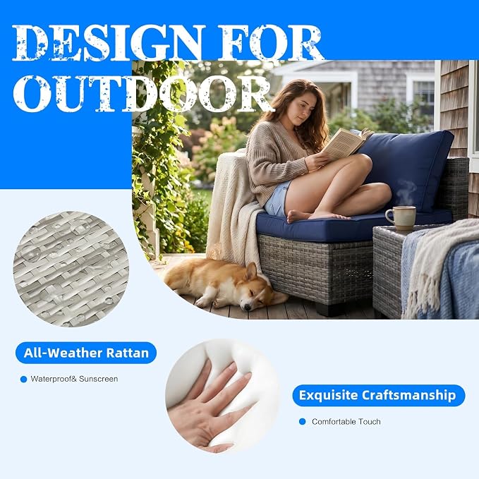7-Piece Outdoor Patio Furniture Set, Grey PE Rattan Weaving Sofa with Navy Blue Cushions and Steel Frame, Coffe Table Included, Outdoor Conversation Set for Balcony, Porch, Backyard