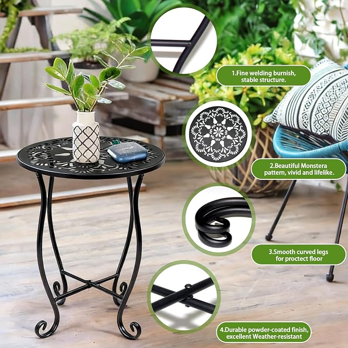 Arbuxzuy 2 Packs 17" Tall Round Metal Outdoor Side Tables for Patio, Decorative Black Flower Pot Stand, Rustproof Potted Holder, 120 lbs Load Capacity