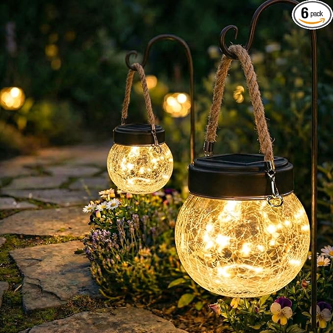 ROSHWEY 6 Pack M Size Solar Lantern Gifts for Women - Outdoor Solar Lanterns Waterproof with 15 LED Hanging Garden Patio Backyard Decor Lights for Halloween Christmas Easter Gift