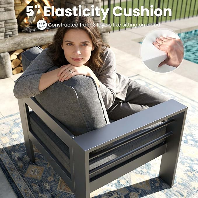 4 Pieces Modern Aluminum Patio Furniture Set with Fire Pit Table, Outdoor Conversation Sets Metal Sectional Sofa
