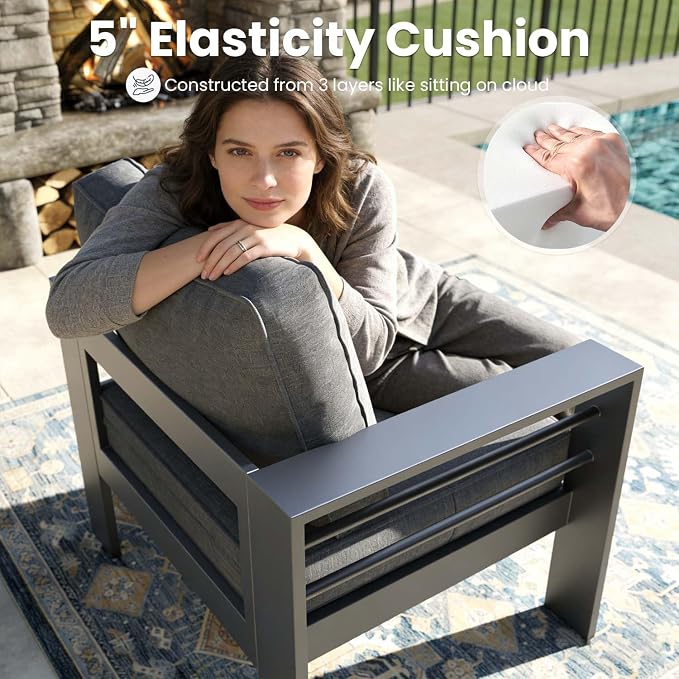 4 Pieces Modern Aluminum Patio Furniture Set, Outdoor Conversation Sets Metal Sectional Sofa with Coffee Table