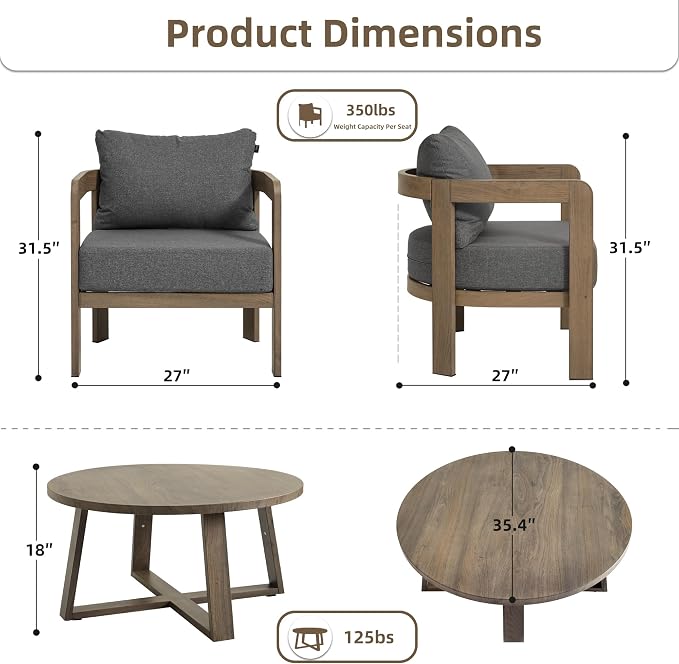 Outdoor Patio Furniture Set, 5 Pieces Modern Metal Patio Conversation Set with 6" Thick Cushions, Outdoor Lounge Sofa 350lbs for Backyard Porch Balcony, Grey