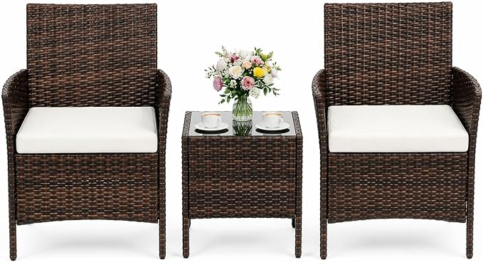 GAOMON 3 Pieces Outdoor Patio Furniture Set, PE Rattan Porch Chairs with Soft Cushion and Glass Coffee Table, Outdoor Patio Set for Backyard Porch Poolside, Brown and Beige