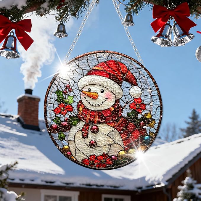 Chrismas Acrylic Stained Glass Window Hanging,Sun Catcher Decor Stained Panel Hangings Wall Art Decor, 2026 8x8inch (SCL014 Snowman 2)
