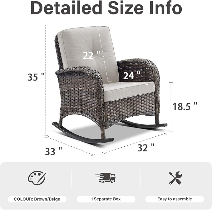 Belord Patio Rocking Chair Wicker Chair, 1 Piece Outdoor Rocking Chair Seating with Cushions for Porch Deck Balcony, Brown/Beige
