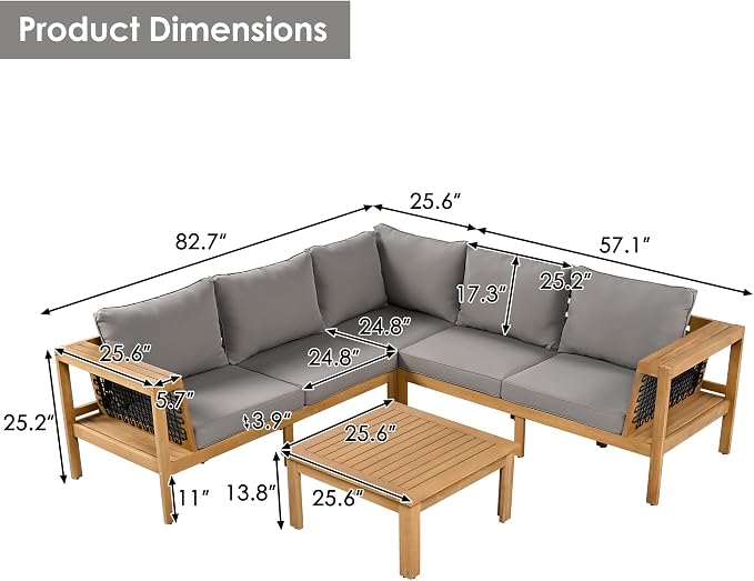 GDFStudio 4-Piece Outdoor Patio Sofa Set, L-Shaped Acacia Wood Seating with Coffee Table, Woven Mesh Armrests, Cushioned Conversation Set with Removable Pillows for Garden, Deck, Balcony, Gray