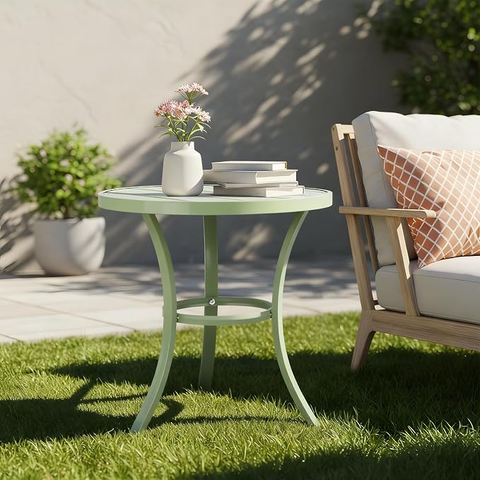 Outvita Outdoor Round Side Table, Small Metal End Table Black Coffee Table for Patio Lawn Garden Living Room Bedroom Sturdy (Single Layer, Light Green)