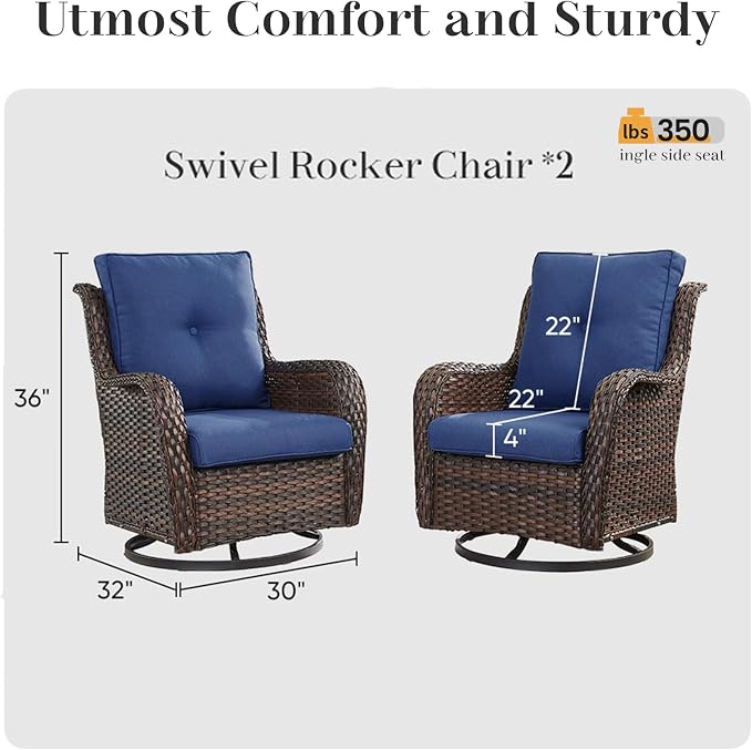 Rilyson Wicker Rocking Chair Swivel Chairs - 2 Piece Rocker Patio Chairs Set Rattan Rocking Chair for Outdoor Porch Deck Garden Backyard (Brown/Blue)