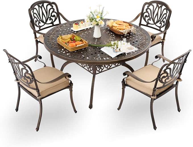 5-Pcs Cast Aluminum Patio Dining Set for 4, 54" Round Table,Bronze | Outdoor Furniture Set Include Dining Table and 4 Stackable Chairs with Cushions & Umbrella Hole