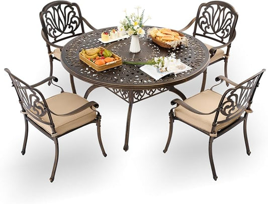 5-Pcs Cast Aluminum Patio Dining Set for 4, 54" Round Table,Bronze | Outdoor Furniture Set Include Dining Table and 4 Stackable Chairs with Cushions & Umbrella Hole