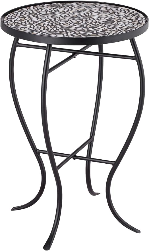 Teal Island Designs Zaltana Modern Black Metal Round Outdoor Accent Side Table 14" Wide Free-Form Mosaic Tile Tabletop Gracefully Curved Legs for Spaces Porch Patio Home House Balcony Yard Deck