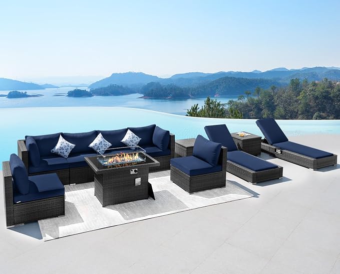 NICESOUL 11-Piece Patio Furniture with Chaise Lounge, Modern Wicker Outdoor Sectional with Fire Pit, Comfortable 29.3'' High-Back Conversation Seating, Heavy Duty All-Weather Couch Set, Grey & Blue