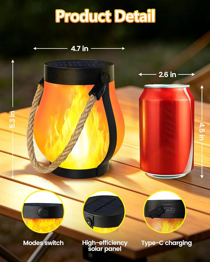 4 Pack Solar Lanterns Outdoor Waterproof, Solar Flame Lanterns with 2 Modes | Ultra-Real Flame, USB/Solar Charging, IP65 Waterproof, Hanging/Table Solar Lights Outdoor for Tree Garden Porch Yard Patio