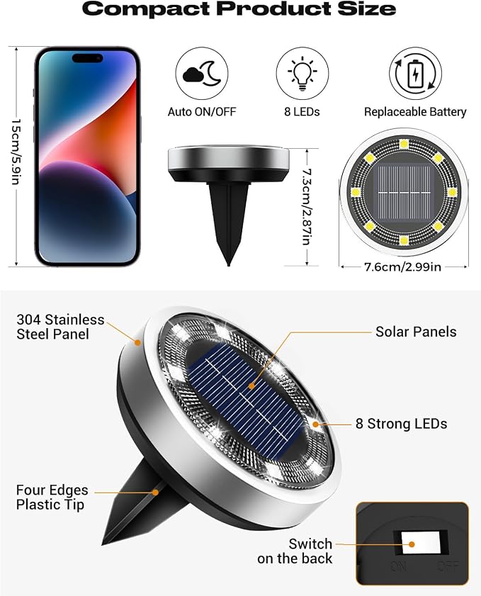 btfarm 2 Pack Solar Lights Outdoor, 8 LED Solar Ground Lights IP65 Waterproof Flat Solar Disc Light, Pathway Lights for Garden Lawn Patio Yard Path Landscape, Cool White