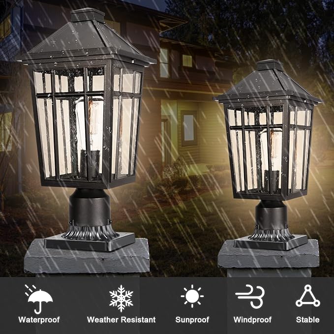 Darkaway Large Outdoor Post Lights Lamp Post Light Fixture, 17inch Waterproof Aluminum Post Lamp with Glass, Fence Deck Lighting for Garden, Patio, Pathway (Large，Black)