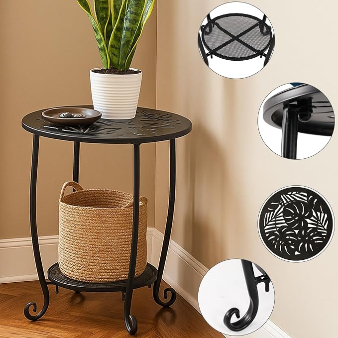2-Tier Metal Round Side Table Set of Two Black Accent Coffee Tables Small Space Corner Plant Stand Shelf for Indoor Outdoor Porch Patio Balcony Living Room End Table with Storage Weather-Resistant