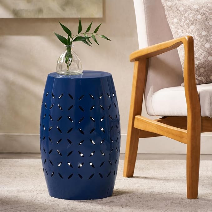 12" Outdoor Side Table, Decorative Cutout Metal Round Side Table, Multi Functional - Coffee Table, Night Stand, Plant Stand for Patio, Garden, Backyard, Gazebo Indoor (Navy)