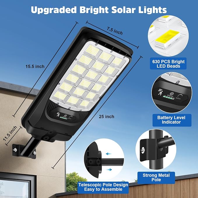 Solar Street Lights Outdoor, 21000LM 6500K Motion Sensor Solar Lights Waterproof, Dusk to Dawn Solar-Powered Flood Lights with Remote, Commercial Area Lighting for Parking Lot Driveway Garage, 2-Pack