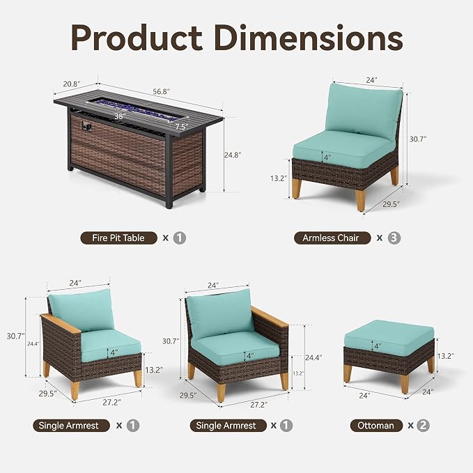 GREEN PARTY 7 Pieces Wicker Patio Furniture Set with 56" Fire Pit Table, All-Weather Outdoor Rattan Patio Sectional Sofa Conversation Set with 4" Thick Cushions for Backyard, 2 x Ottomans (Blue)