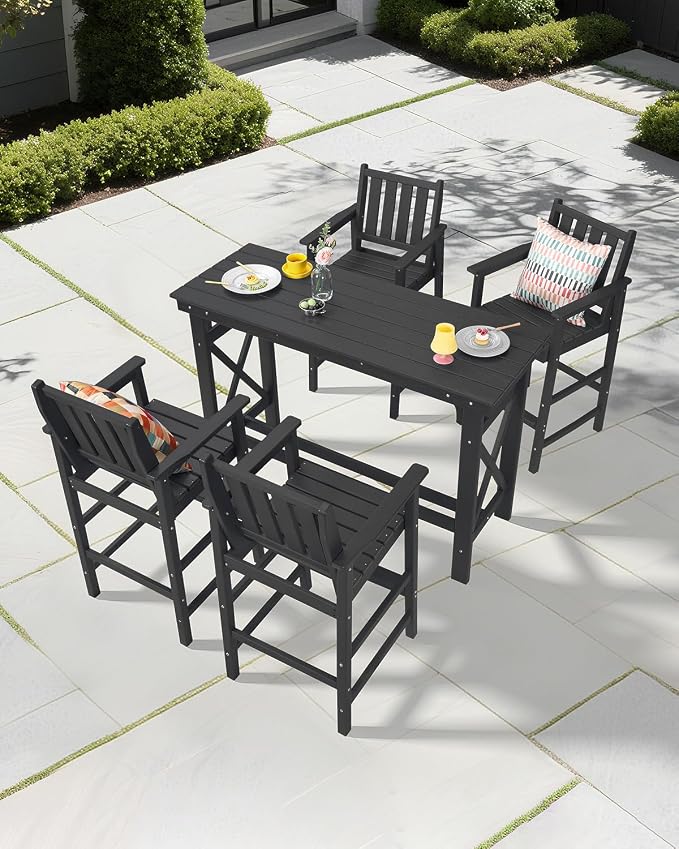 5-Piece HDPE Patio Bar Set, Rectangular Bar Height Table and 4 Adirondack Bar Chairs, All Weather Outdoor Bar Stools Set, Outdoor Bar Table and Chairs Set for Balcony, Pool, Porch, Obsidian