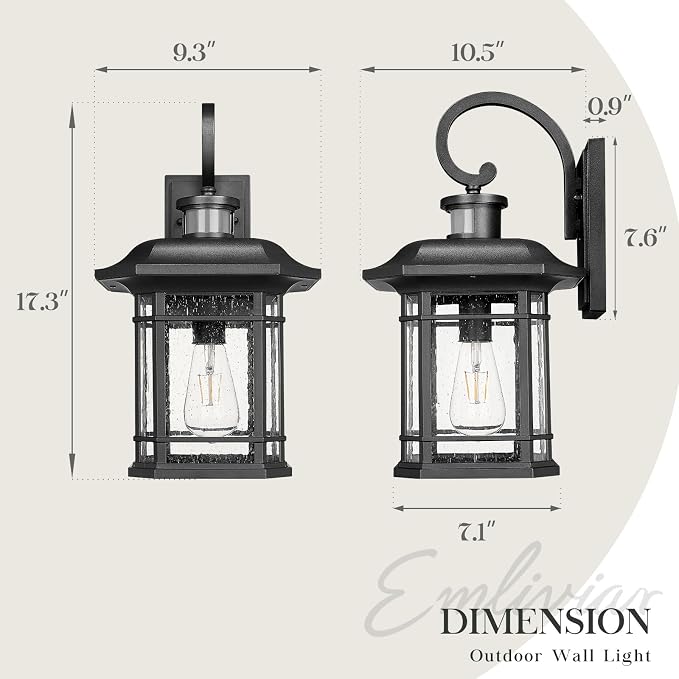 Emliviar 17.3" Motion Sensor Outside Wall Mounted Light, Large Exterior Front Door Lighting Fixtures for House, Outdoor Wall Lantern with Seeded Glass, Black Finish, 2084B-M-SE BK