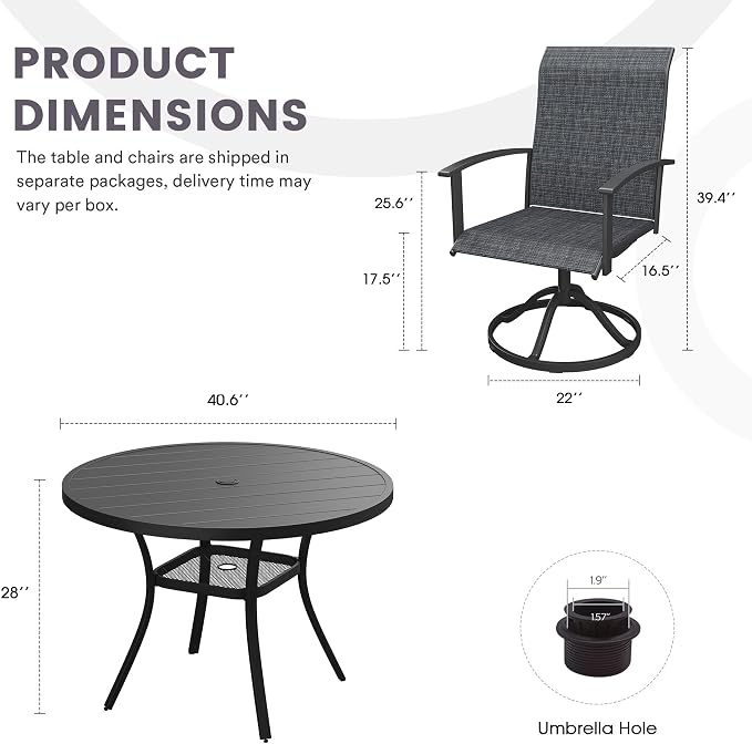 5 Pieces Outdoor Patio Dining Set, 40.6" All Weather Round Metal Table with Umbrella Hole and Storage Shelf, 4 High Back Textilene Swivel Chairs for Garden, Lawn, Black
