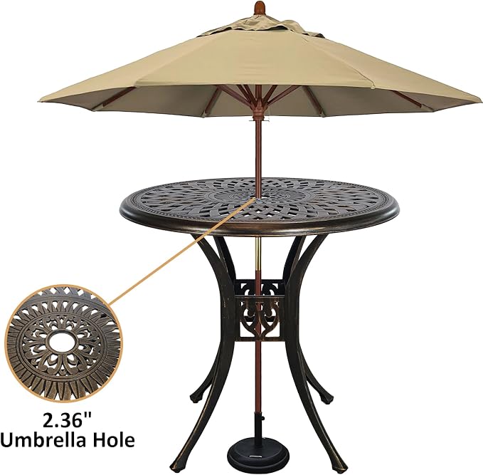 30 inches Patio Table with Umbrella Hole, Aluminum Round Bistro Table, Small Patio Furniture for Porch Backyard Outdoor (Bronze)