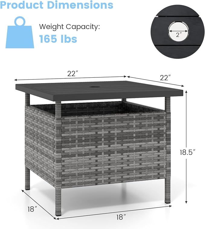 LDAILY Patio Table Umbrella, Outdoor Table with Umbrella Hole, Rattan Patio Side Table with Steel Umbrella Hole, HDPE Desktop & Metal Frame for Deck Garden Poolside Backyard Balcony (Mix Gray)