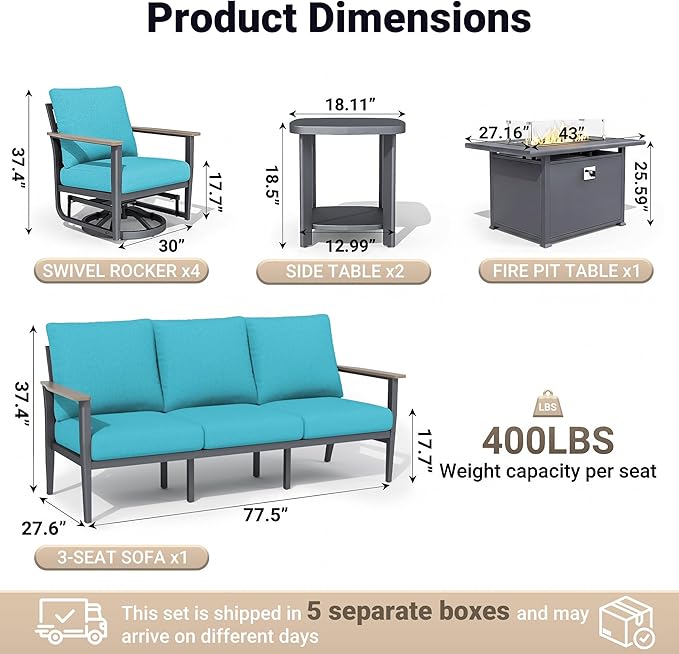 Aluminum Outdoor Patio Furniture Set, 8-Piece Sectional Sofa with 5.1" Thick Cushions, 4 Swivel Rocking Chairs, 55,000 BTU Propane Fire Pit Table, Outdoor Couch for Backyard, Deck, Blue