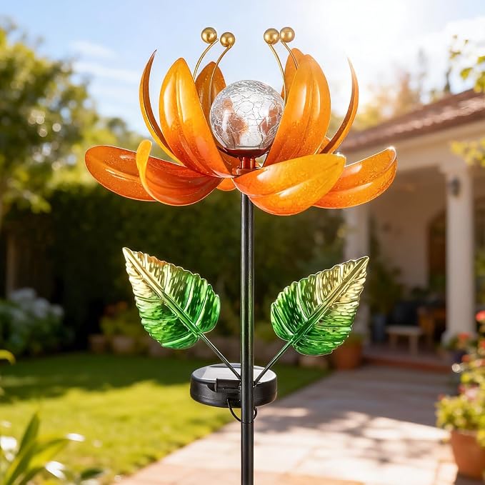 AIINY Outdoor Solar Lights Garden Decor,Wind Spinner Yard Decorations for Outside, Lotus Garden Windmill with LED Cracked Crystal Waterproof Flower Sculpture for Patio Lawn Gardening Gifts